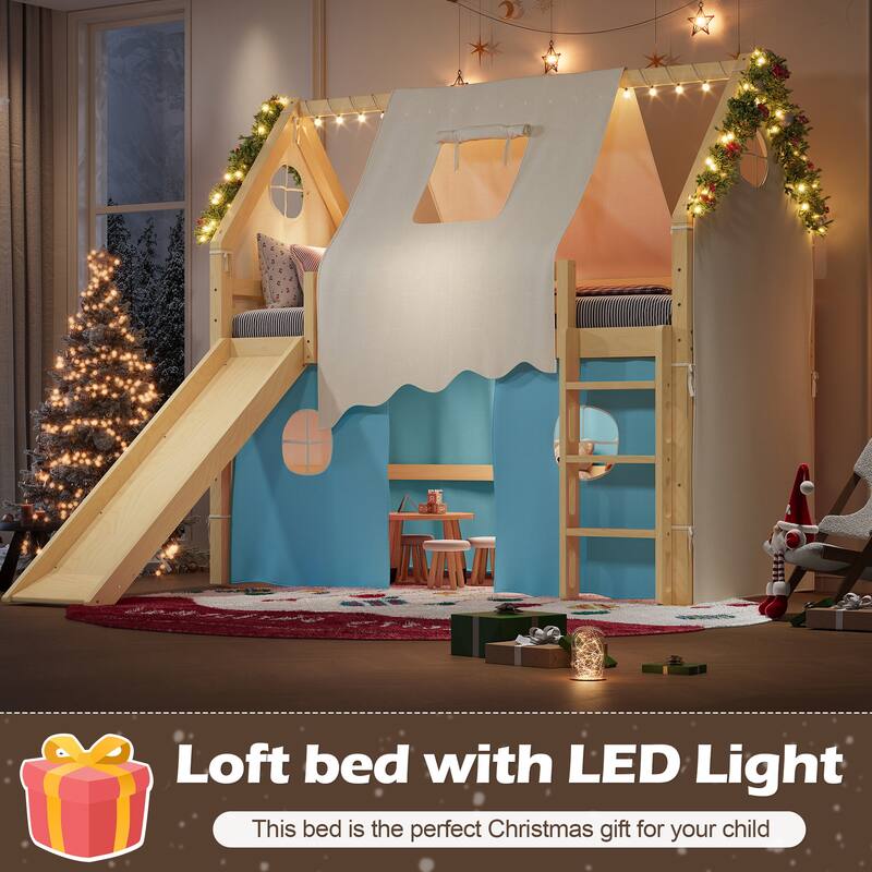 Roomfitters House Loft Bed with Slide and Tent, Solid Wood Frame with Lights