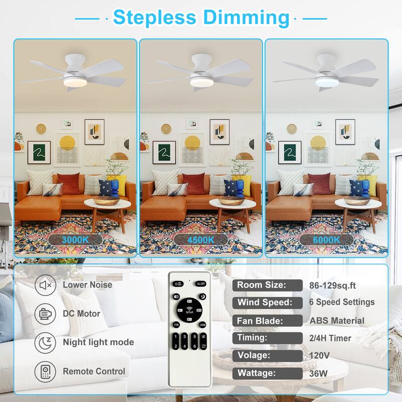 42/35 Inch Low Profile Ceiling Fan with Light: Dimmable, Remote Control, 6-Speed, 5 Blades