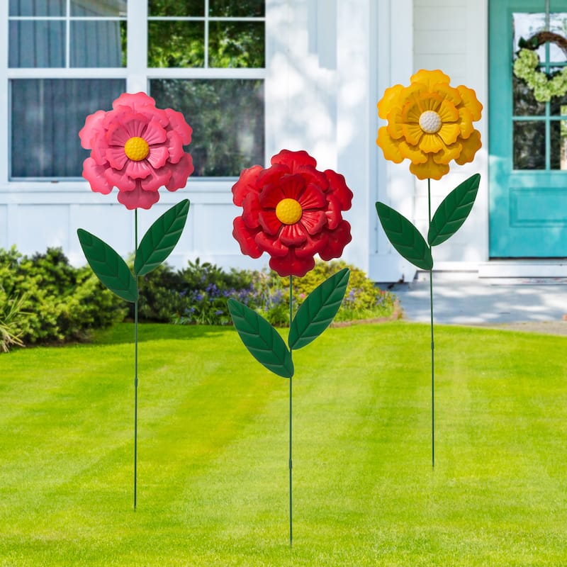 Glitzhome Metal Dimensional Flower Butterfly "Welcome" Birds Yard Stakes or Wall Decor (Set of 3) - Flowers
