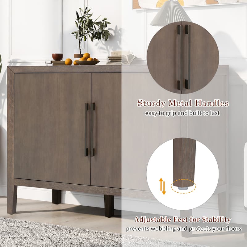 47.25"Sideboard with Pine Veneer and 2 Doors, Retro Buffet with Adjustable Feet, Wooden Storage Cabinet with Metal Handles