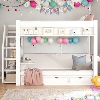 Wood Convertible Full Size Bunk Bed with Storage Staircase,Bedside Table and 3 Drawers