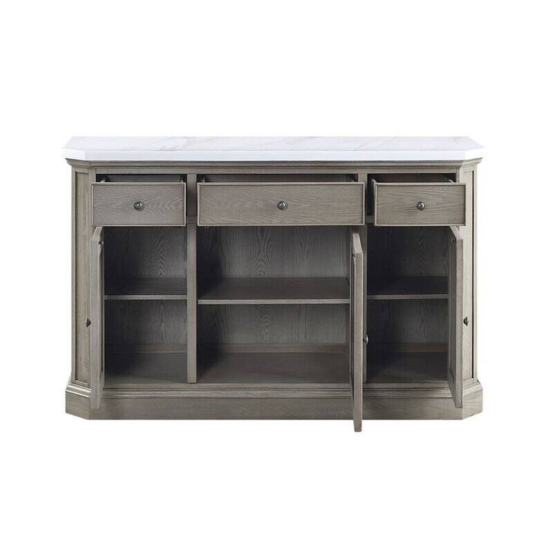 Server with Faux Marble Top and 3 Drawers, White and Brown