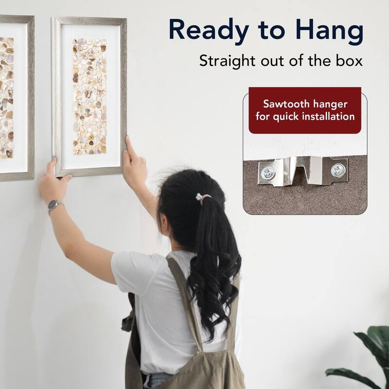 American Art Decor Neutral Seashell Mosaic 3D Textured Wall Art Panel with Champagne Frame, 2 Piece Set - Coastal Beach Decor