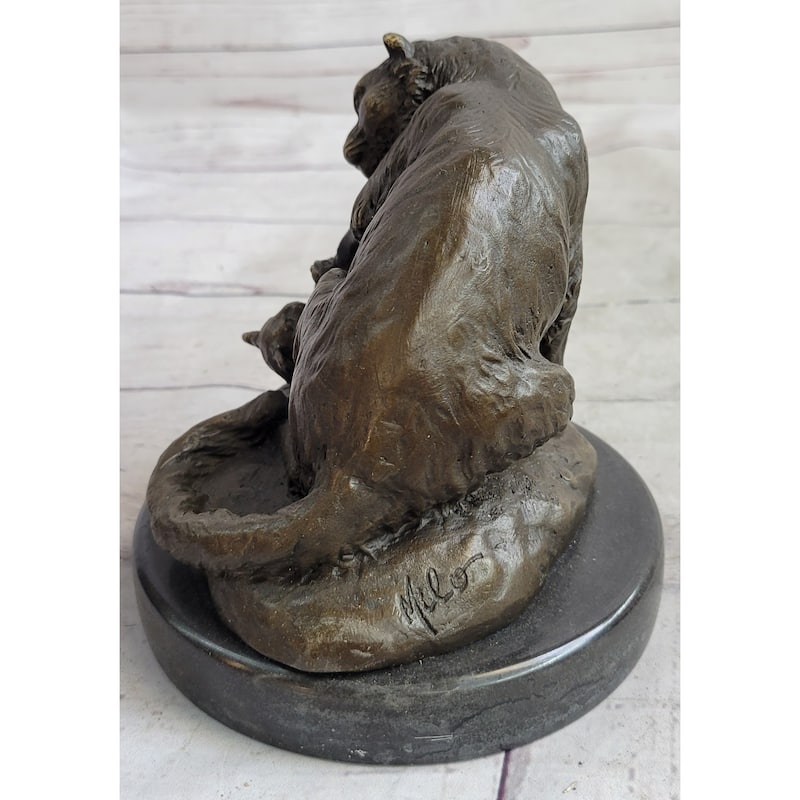 Playful Cat Kitten - Signed Handmade Bronze Sculpture On Marble Base By Milo