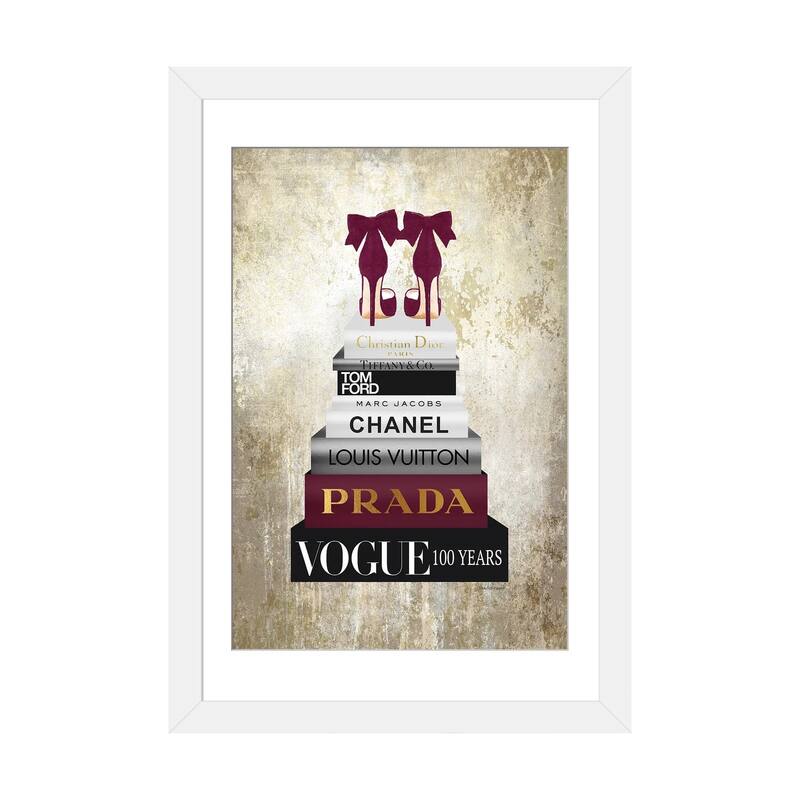 iCanvas "Tall Book Stack With Burgundy Shoes & Gold Background" by Amanda Greenwood - White - 24x16x1