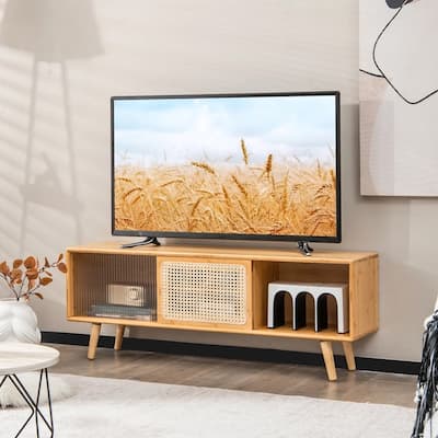 Modern TV Stand Media Console W/ Rattan Glass Sliding Doors - 47 inches in width