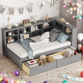 Wooden Twin Size DayBed with 2 Drawers and USB Charging Ports, Grey