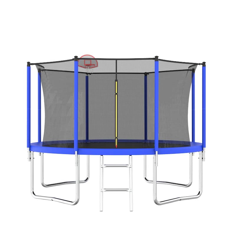 12FT Trampoline Green for Kids Adults with Basketball Hoop and Ball, Recreational Trampolines with Safety Enclosure for Yard - Blue