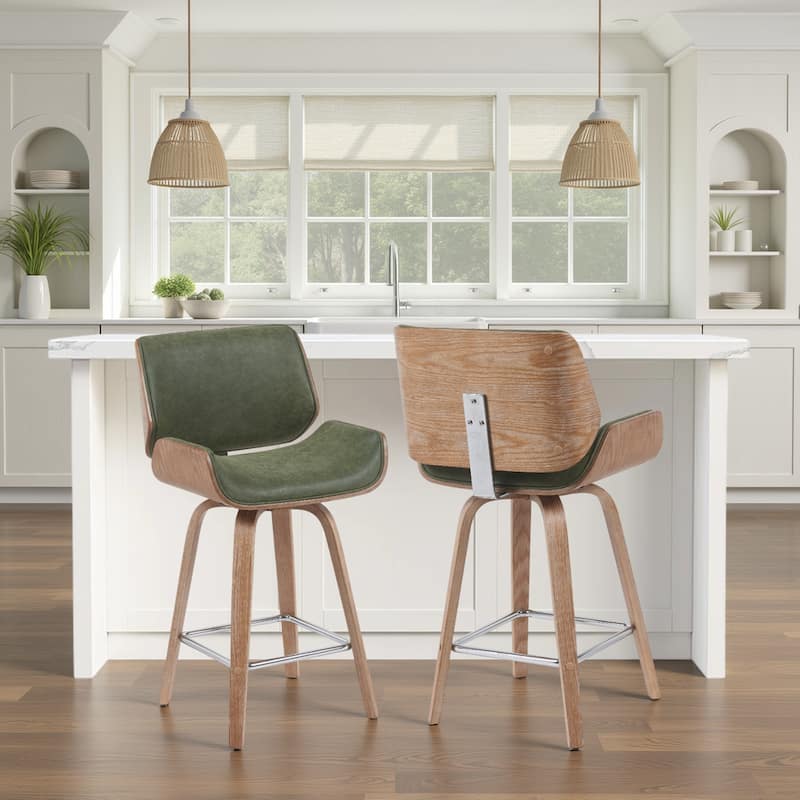 Tyler Mid-Century Swivel Bar Stool, Upholstered Counter Height Chair with Bentwood Legs - Vintage Green & White Wash - Counter Height - Set of 2