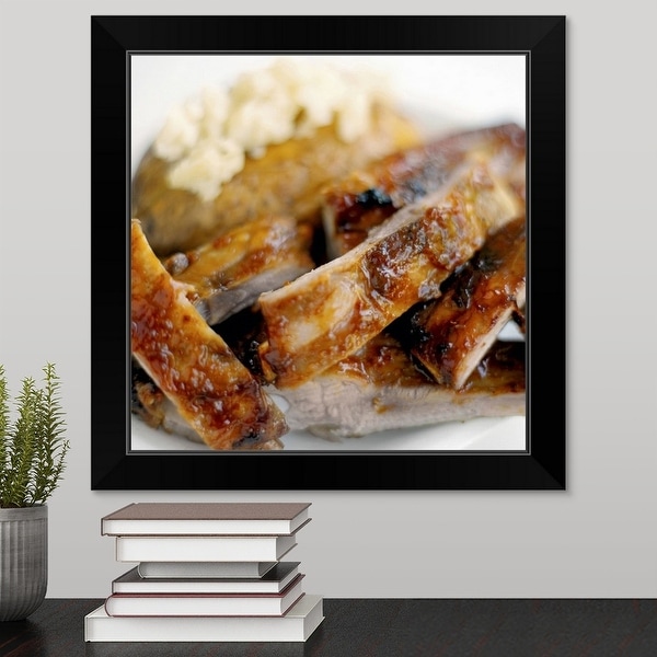 "Close-up of a dish of mashed potato and spare ribs" Black Framed Print