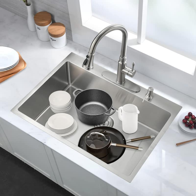 30'' Stainless Steel 2-Hole Single Bowl Drop-In Workstation Kitchen Sink with Bottom Grid&Basket Strainer