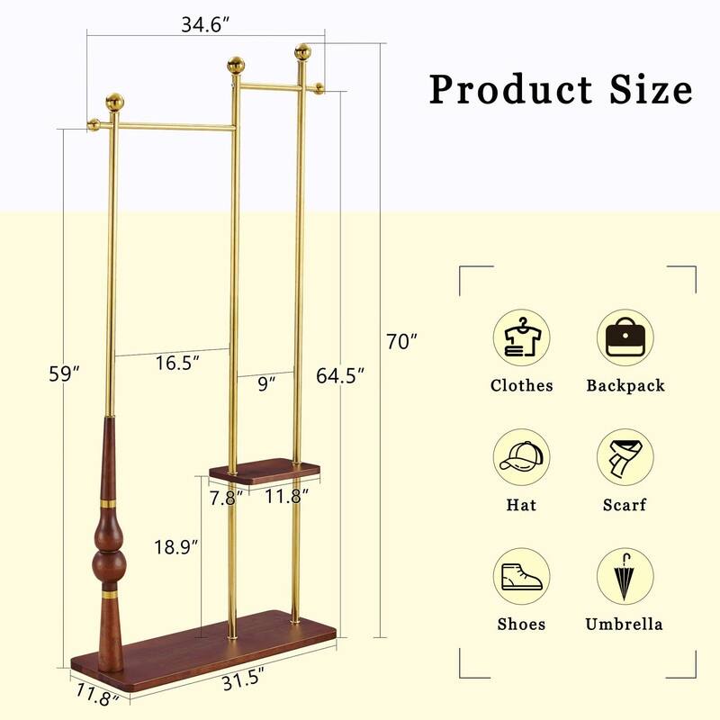 70" Tall Industrial Coat Rack for Entryway, Solid Wood & Stainless Steel, Double Layer Hanging Rack