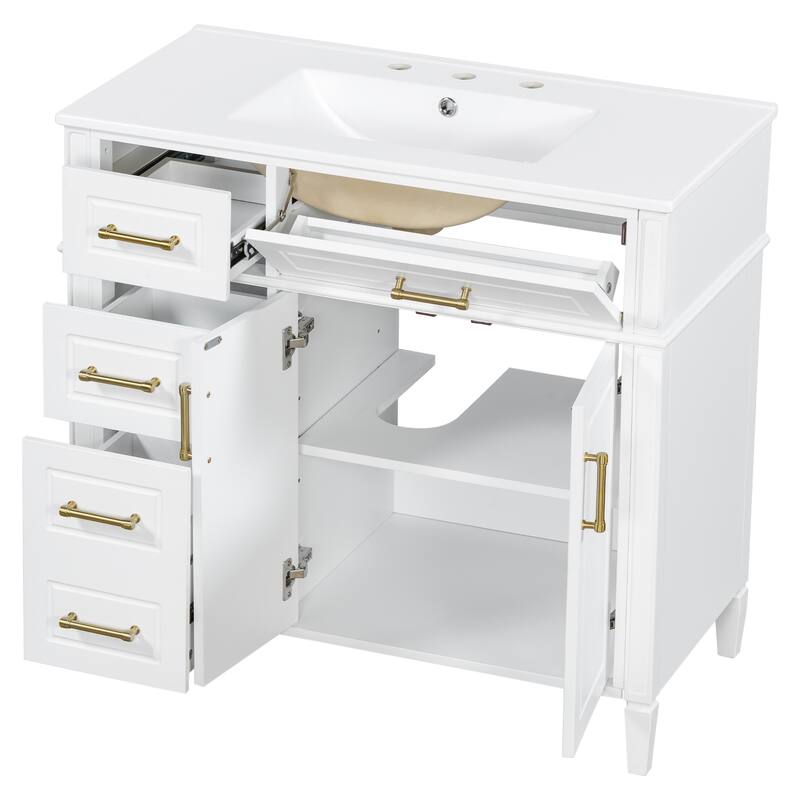 36 Inch Single Sink Bathroom Vanity Cabinet with 4 Drawers, Vanity Base & Ceramic Basin Set