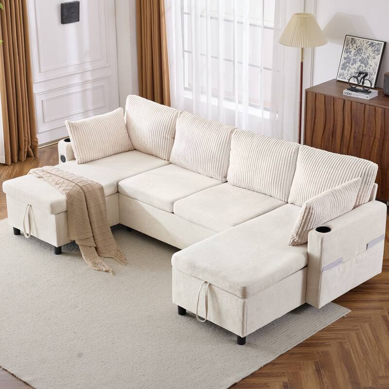 Sectional Sofa Pull-out Sofa Bed with Large Storage Space, 2 USB Ports and 2 Cup Holders Chenille Tufted Couch
