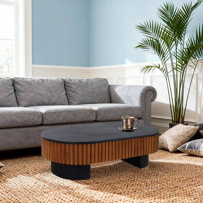 Oval Coffee Table with Hidden Storage, Low Profile Wood Center Table Stylish Tea Table with Solid Wood Veneer & Removable Top