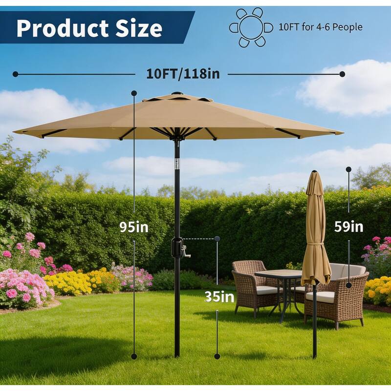 10ft Outdoor Patio Umbrella, with Crank Lift & Push Button Tilt, UV Protection Waterproof
