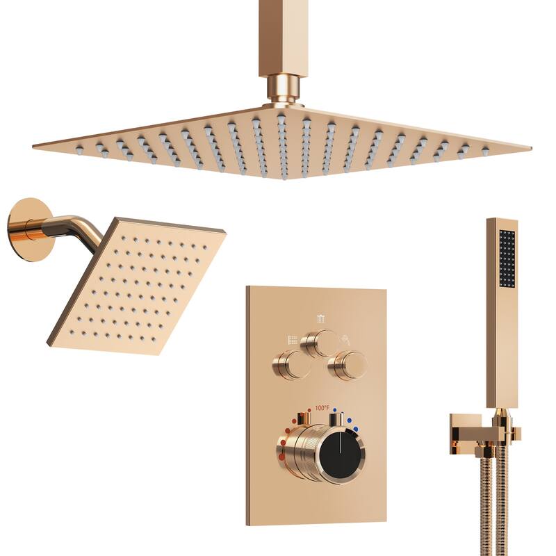 Thermostatic Shower Faucet, 12" High-Pressure Dual Showerheads System with Rough-In Valve