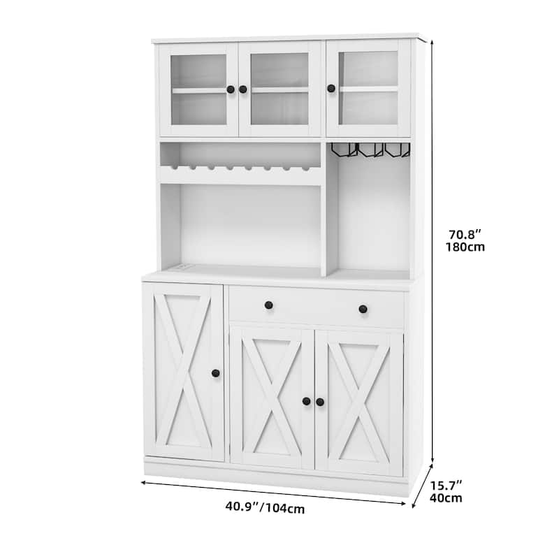 71''H Kitchen Pantry Storage Cabinet Buffet Cabinet w/ Goblet Holder and Wine Rack - 40.9"L x 15.7"W x70.8"H