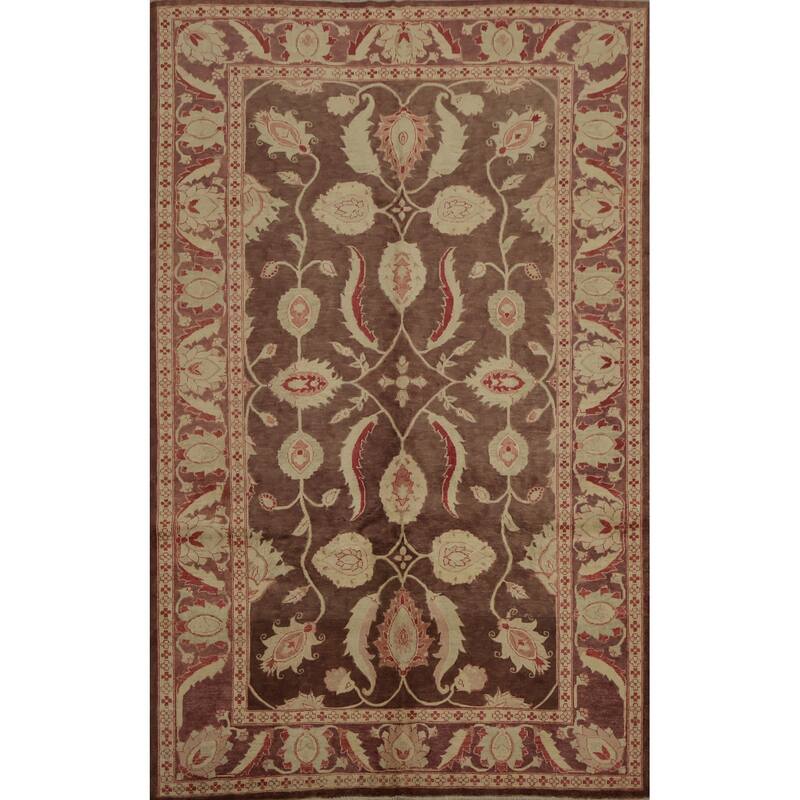 Hand Knotted Oriental 100% Wool Carpet Traditional Floral Brown Peshawar Area Rug - 9' 8'' X 6' 10''