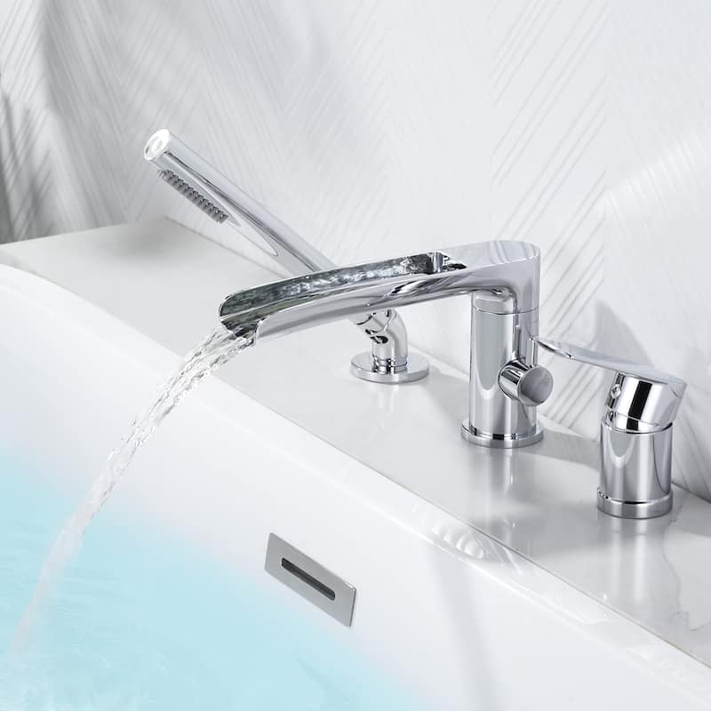 WOWOW Deck-Mount Waterfall Tub Faucet-Silicone Hand Shower