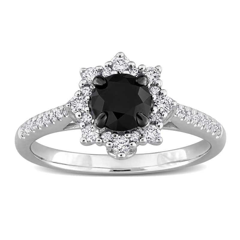 Miadora 1 1/6ct TW Black White Diamond Halo Engagement Ring in 14k White Gold