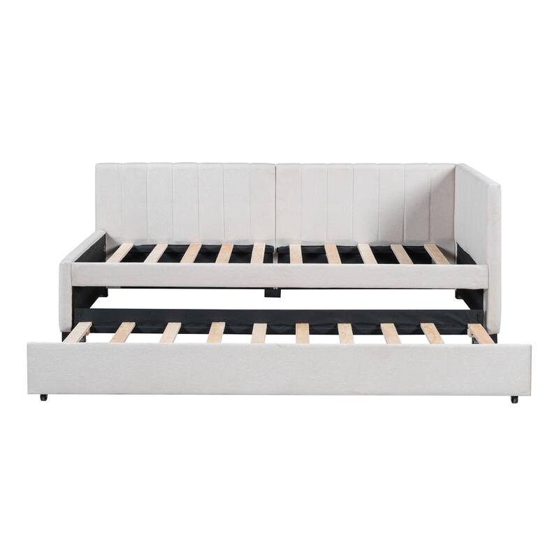 Twin Daybed Frame Linen Upholstered Sofa Bed L Shaped Backrest Mattress Holde Slat Support with Twin Size Trundle