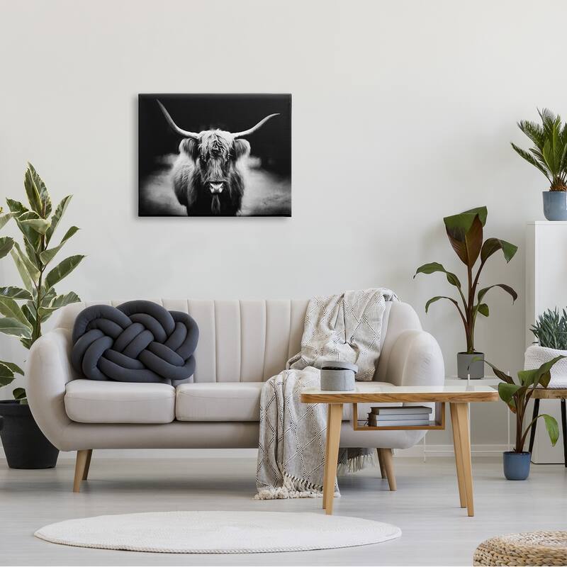 Stupell Bold Longhorn Portrait Black White Cattle Photography Canvas Wall Art - Grey