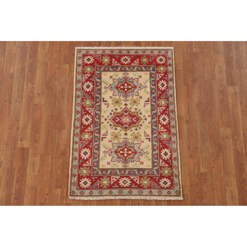 Geometric Yellow Kazak Accent Rug Handmade Traditional Wool Carpet - 2'8" x 4'0"