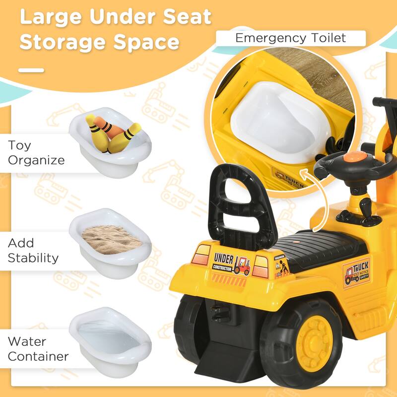 Ride On Excavator Pull Cart, Kids Digger Ride on Truck with Horn, Under Seat Storage, Sit and Scoot Pretend Play Toy