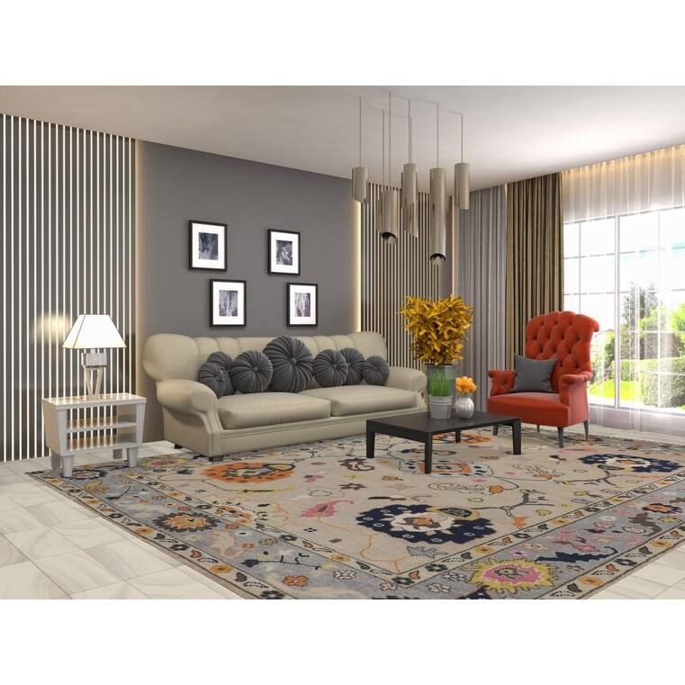 All-Over Floral Beige Oushak Oriental Area Rug Handmade Wool Carpet - 9'1" X 11'9"