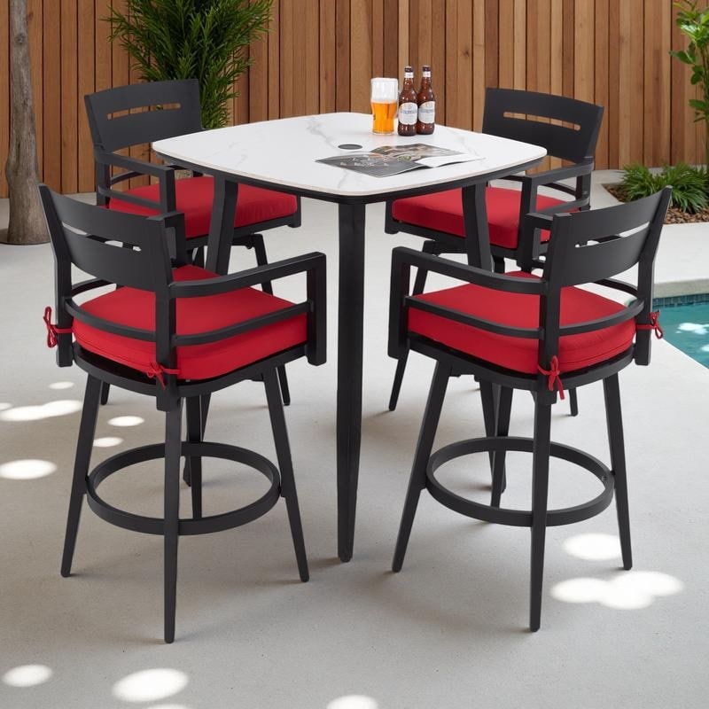 5-Piece Outdoor Aluminum Bar Set with Square Table, 4 Bar Stools and Sunbrella Cushions