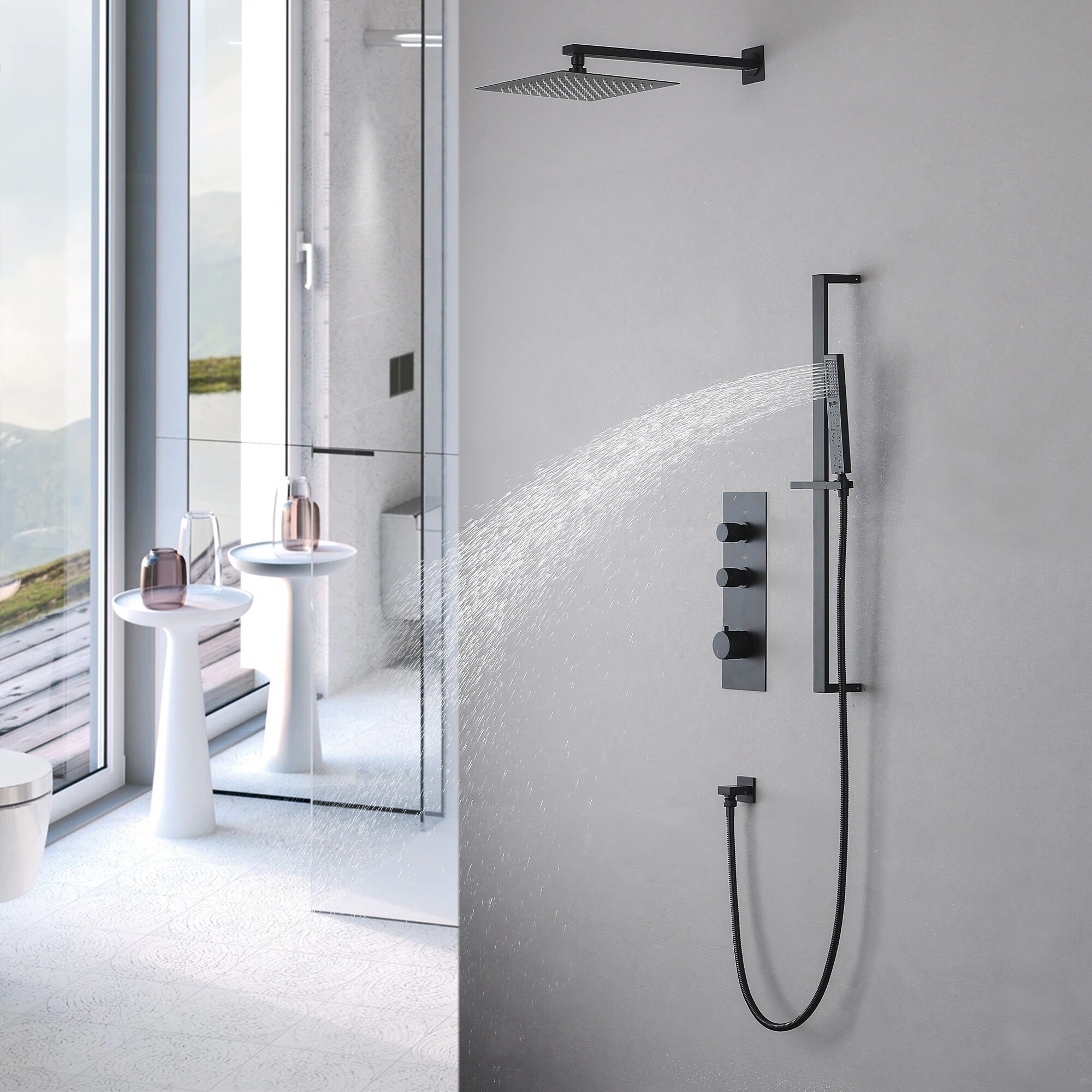 Luxury Thermostatic 3-Way Complete Rain and Waterfall Shower System with  Adjustable Handheld Brushed Nickel Brushed Nickel Finish