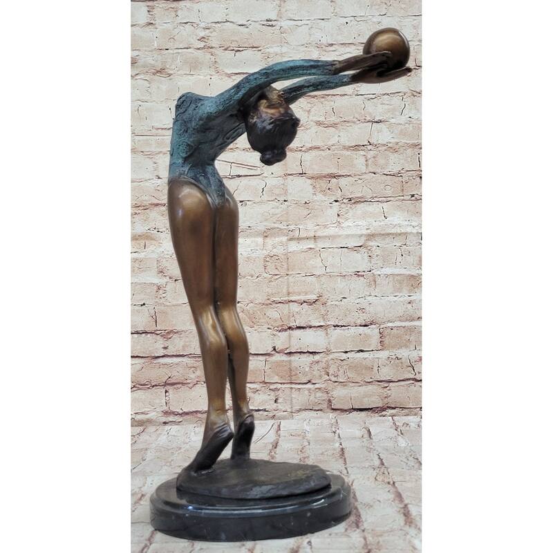Athlete Gymnast Acrobat Girl Balancing Ball Bronze Statue Sculpture Figure 15 Inches X 11 Inches