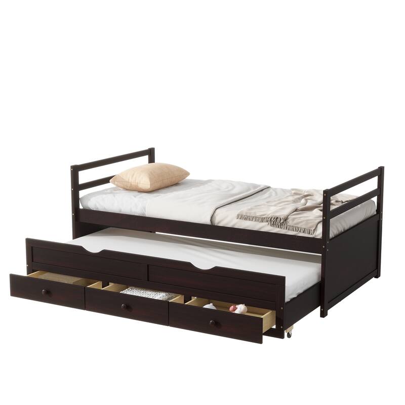 Twin Size Bed Frame Wood Platform Bed with Trundle and 3 Storage Drawers