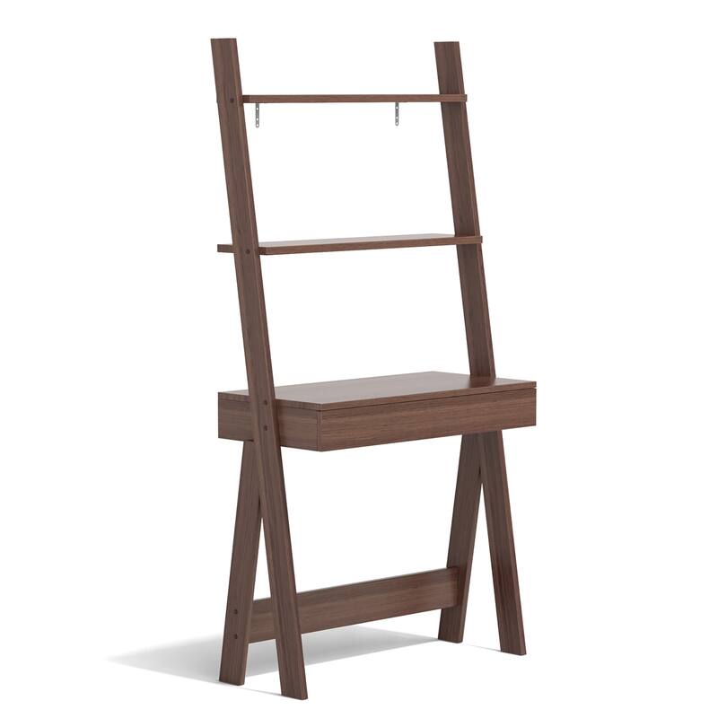 2-Tier Ladder Shelf Desk Freestanding Computer Desk with Storage Shelf - Walnut