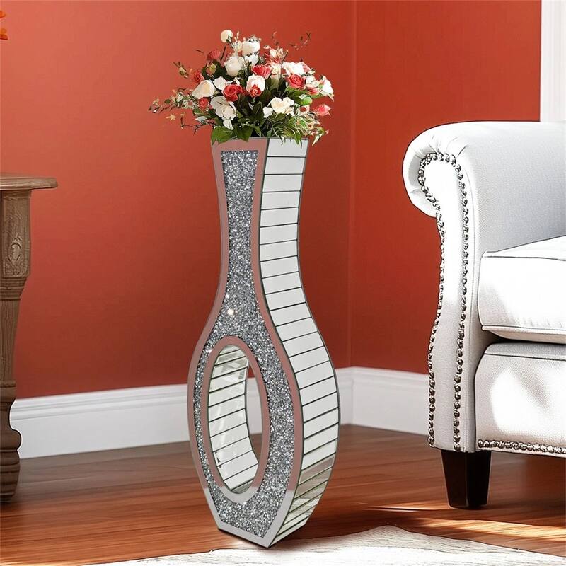 Tall Mirror Floor Vase with Silver Crystal Diamond Accents for Faux Flowers