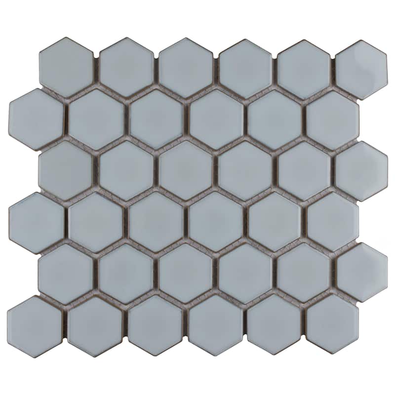 Merola Tile Hudson Due 2" Hex Silk White 10-7/8" x 12-5/8" Porcelain Mosaic Floor and Wall Tile - Gray - Case (10 Tiles)