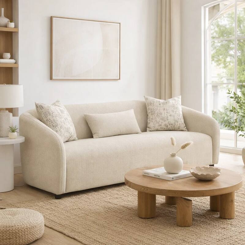 Tiena Sofa, 3 Accent Throw Pillows, Modern Warm Beige Linen, 84 Inch