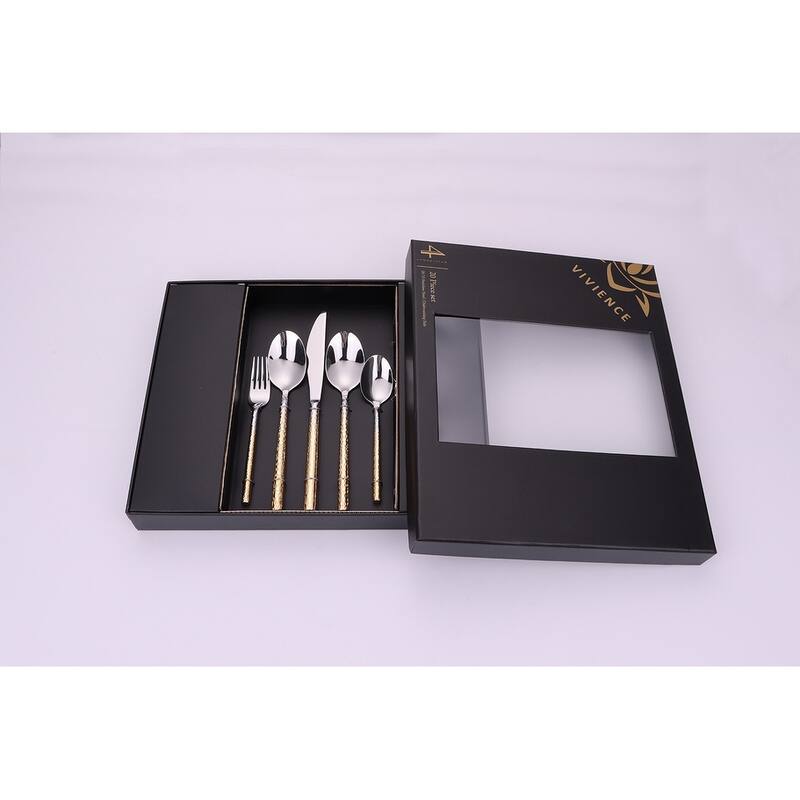 20 Pc Flatware Set Silver With Graduated Gold Pebbled Handles - Service For 4