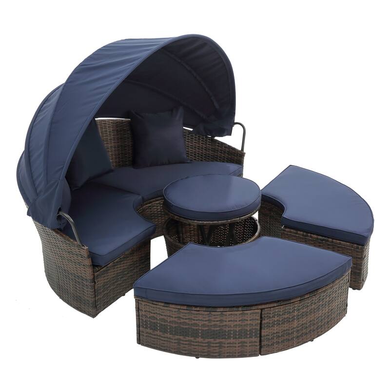 Round Outdoor Rattan Daybed with Adjustable Canopy, with Navy Cushions and Lift Coffee Table