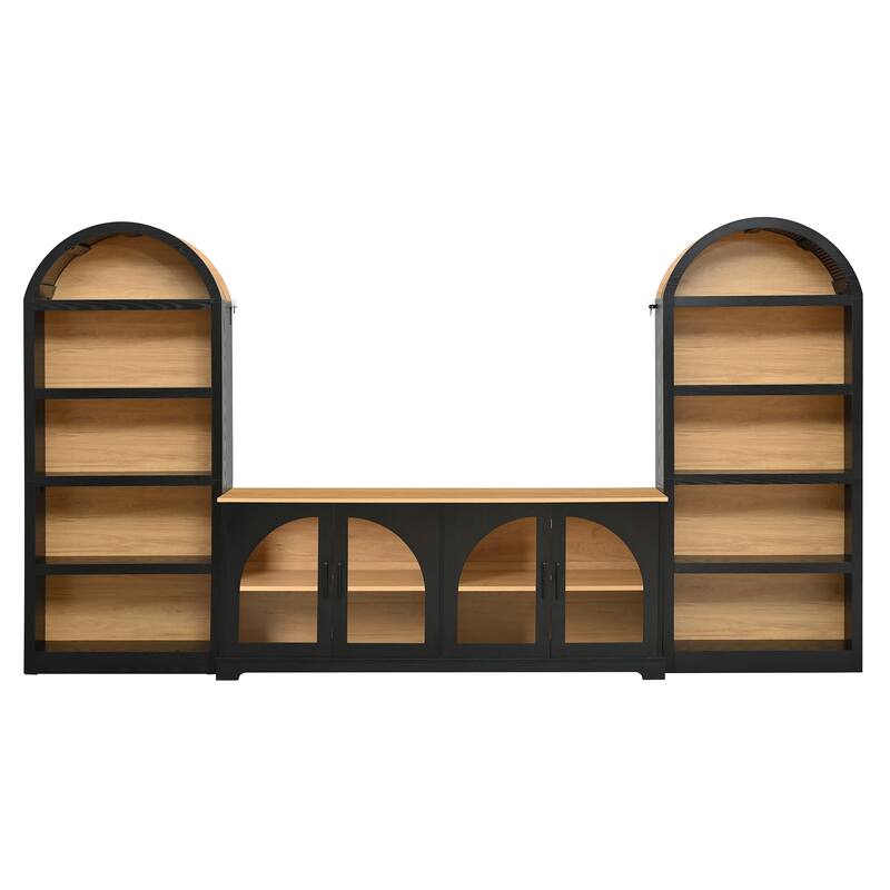 3-Piece Entertainment Center with Bookshelves for TVs up to 70", Retro Wall Unit TV Stand with Glass Doors, Media Console Table