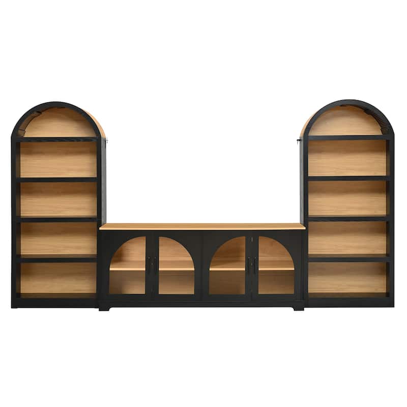 3-Piece TV Stand Set with Bookshelf for TVs Up to 70", Wood Grain Entertainment Center with Arched Design, Tempered Glass Doors