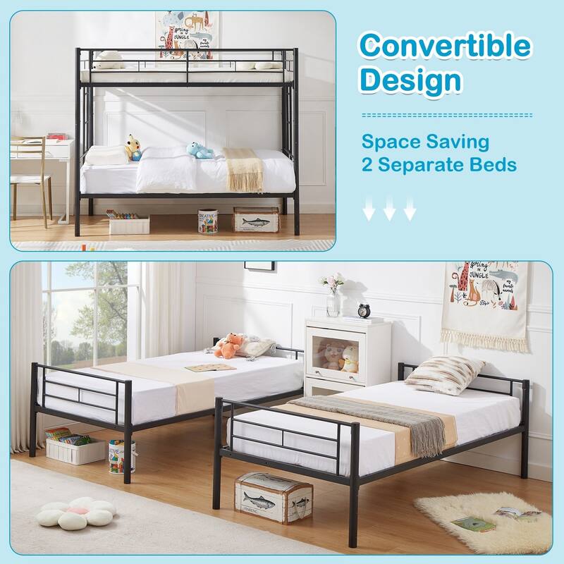 Bunk Bed Metal Twin Size Bunk Beds Frame with Ladder & Full-Length Guardrail Heavy Duty Sturdy 2 in 1 Convertible Bunk Bed