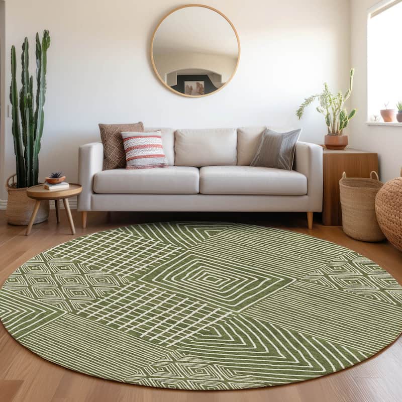 Machine Washable Indoor/ Outdoor Modern Mosaic Chantille Rug - Olive - 8' x 8'