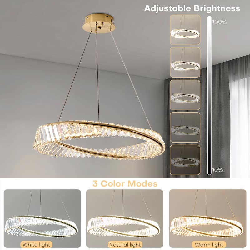 Modern LED Ring Crystal Chandelier Adjustable Hanging Pendant Lighting - 23.6"W