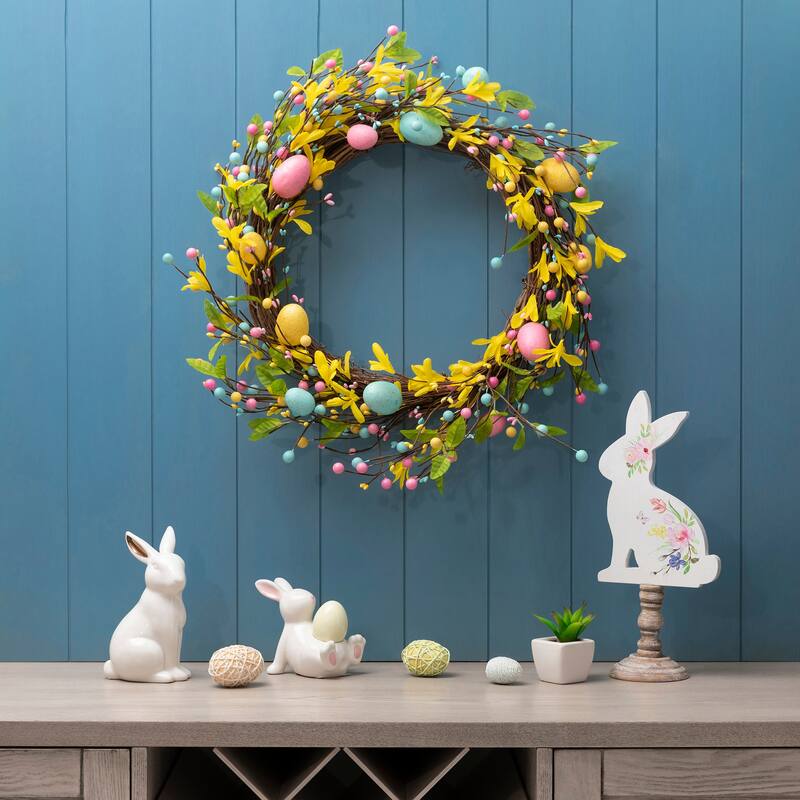 Glitzhome Easter Wreath with Eggs Lavender Bird Nest for Front Door Wall Window Holiday Decoration