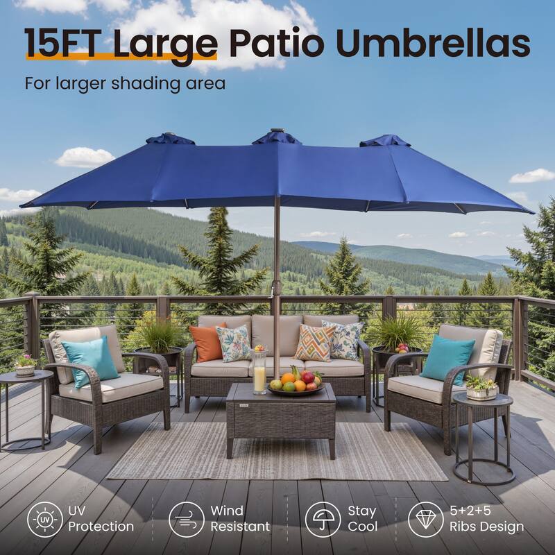 ​OVIOS 15ft Double Side Patio Outdoor Umbrella with Crank & LED Light