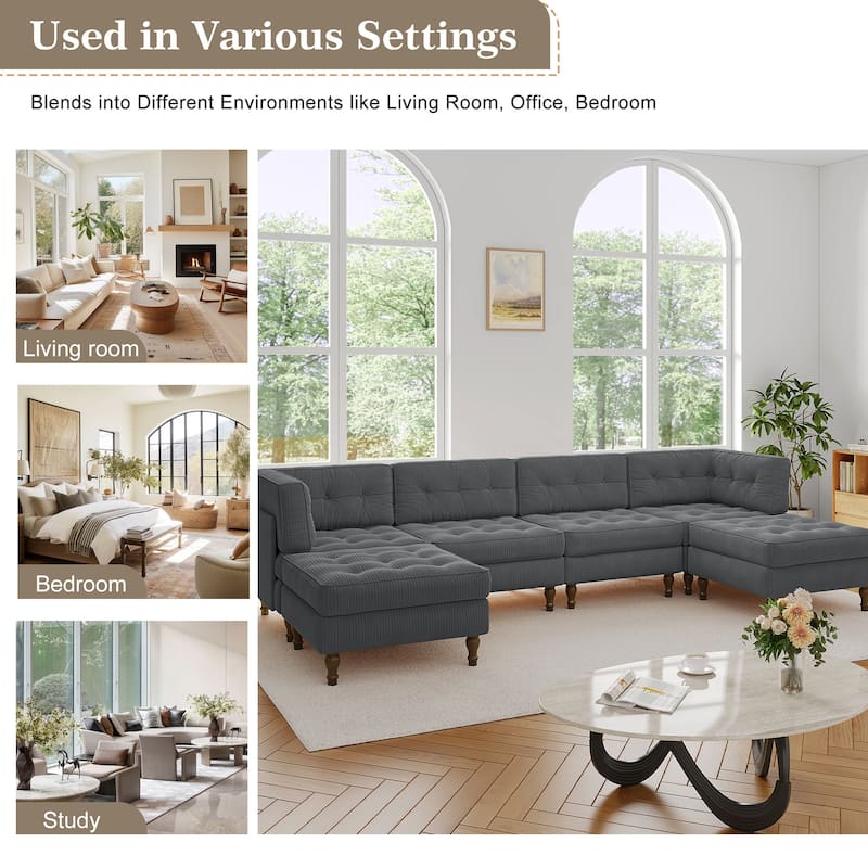 130"W Corduroy Upholstered Modular Sectional Sofa with Storage Ottoman