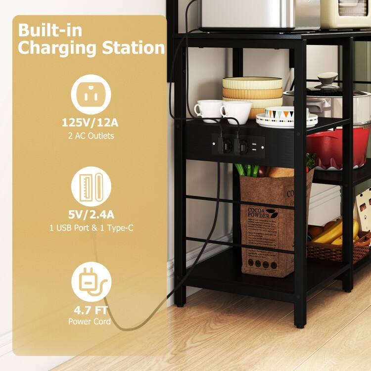Kitchen Baker’s Rack with Charging Station, LED Light, Coffee Bar Station with Shelves - 35.5" x 16" x 58"