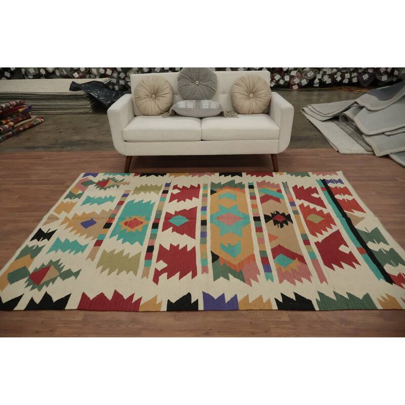 Hand Woven Oriental 100% Wool Carpet Southwestern Tribal Beige & Ivories Kilim Area Rug - 8' 0'' X 5' 9''